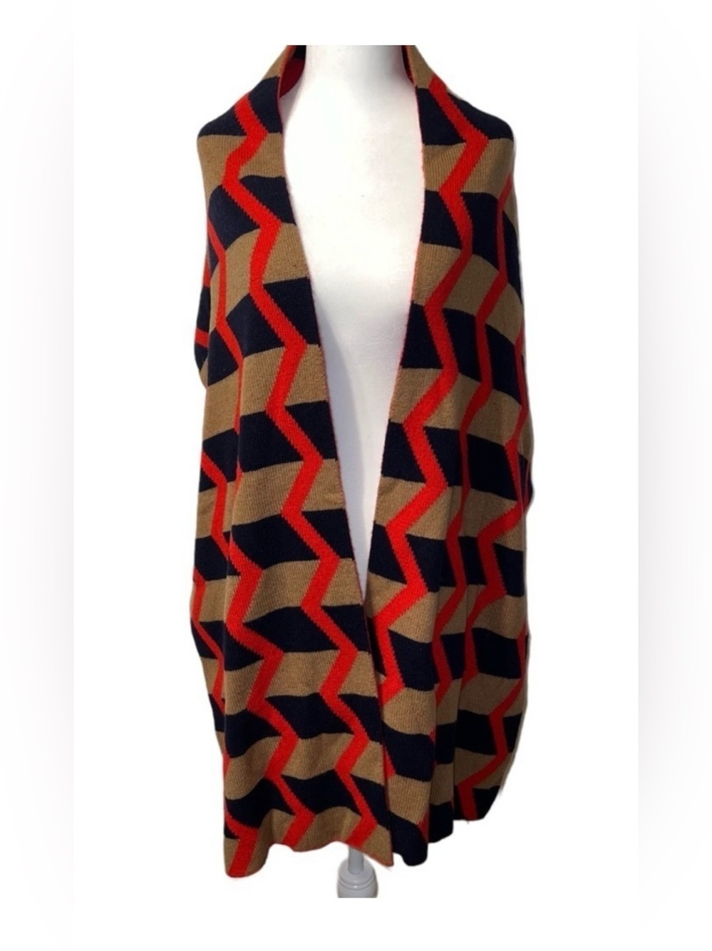 J. Crew Chevron and Stripe Red, Tan & Navy Geometric Knit Scarf - Picture 7 of 9